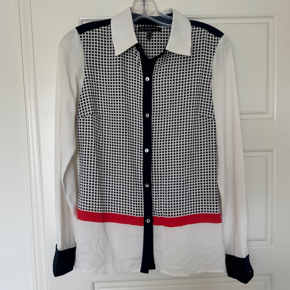Adrianna Papell Blouse Size 4‎ White Navy Coral Geometric Print Long Sleeve  EUC